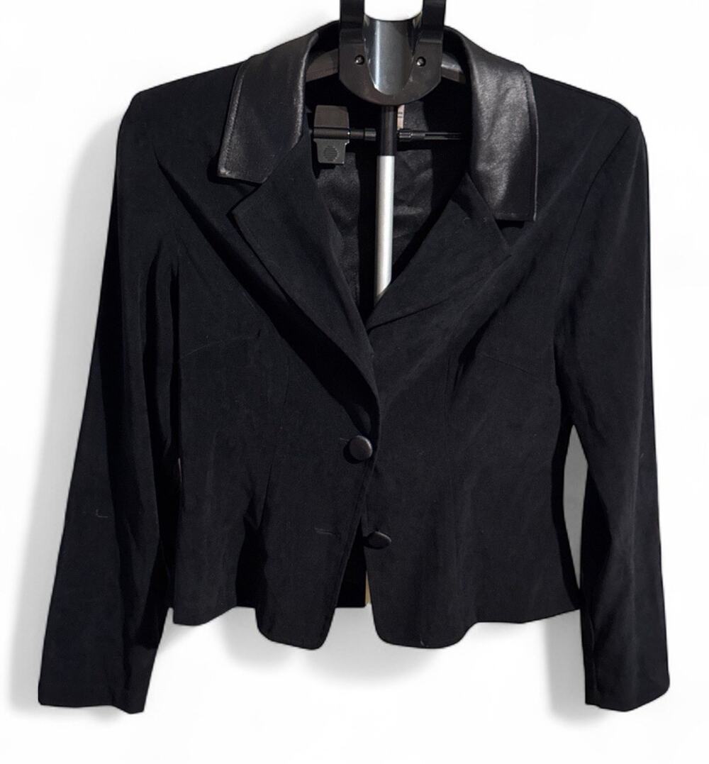 Dawn Joy Black Blazer Faux Leather Collar Size 9/10